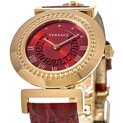 versace vanity rose gold plated red dial leather strap